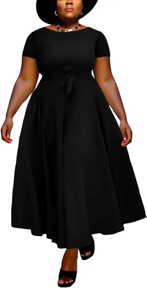 BFFBABY Plus Size Dress A Line Dresses for Women Summer Long Dresses with Sleeve Casual Belted