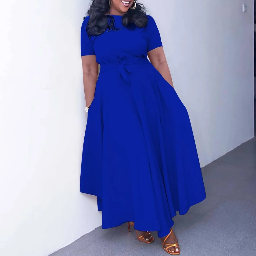 BFFBABY Plus Size Dress A Line Dresses for Women Summer Long Dresses with Sleeve Casual Belted