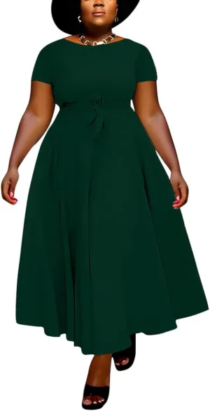 BFFBABY Plus Size Dress A Line Dresses for Women Summer Long Dresses with Sleeve Casual Belted