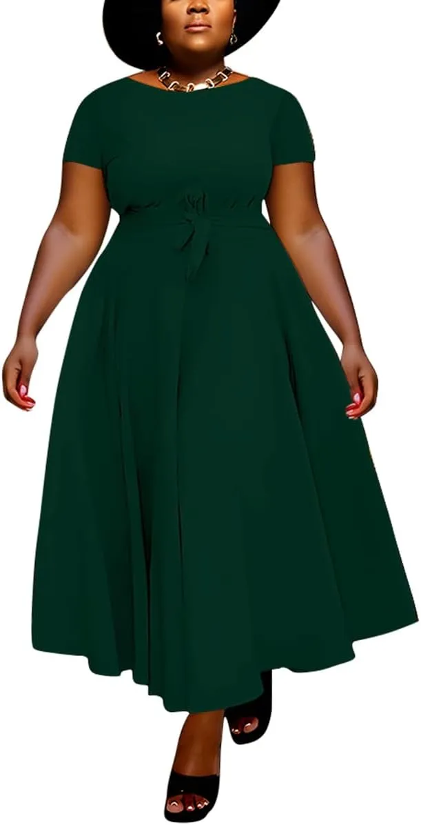 BFFBABY Plus Size Dress A Line Dresses for Women Summer Long Dresses with Sleeve Casual Belted