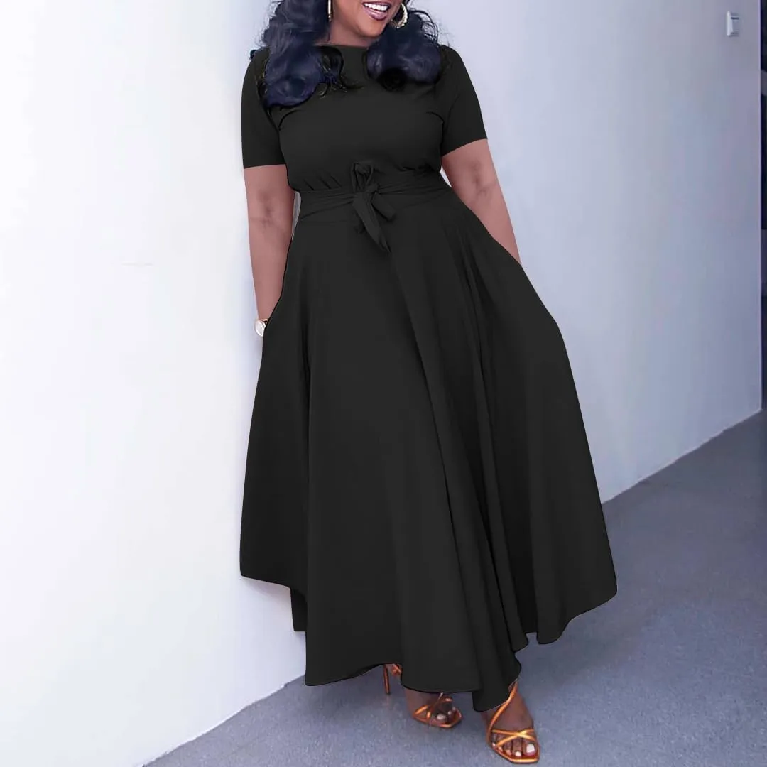 BFFBABY Plus Size Dress A Line Dresses for Women Summer Long Dresses with Sleeve Casual Belted