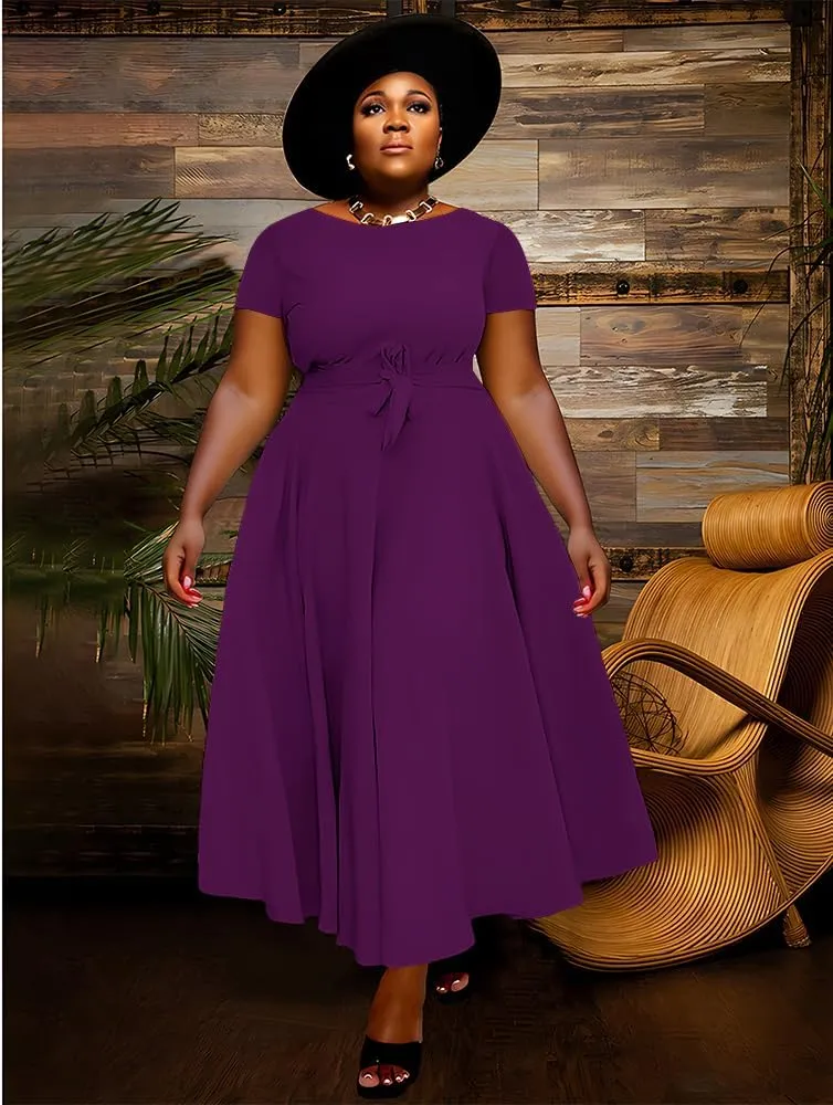 BFFBABY Plus Size Dress A Line Dresses for Women Summer Long Dresses with Sleeve Casual Belted