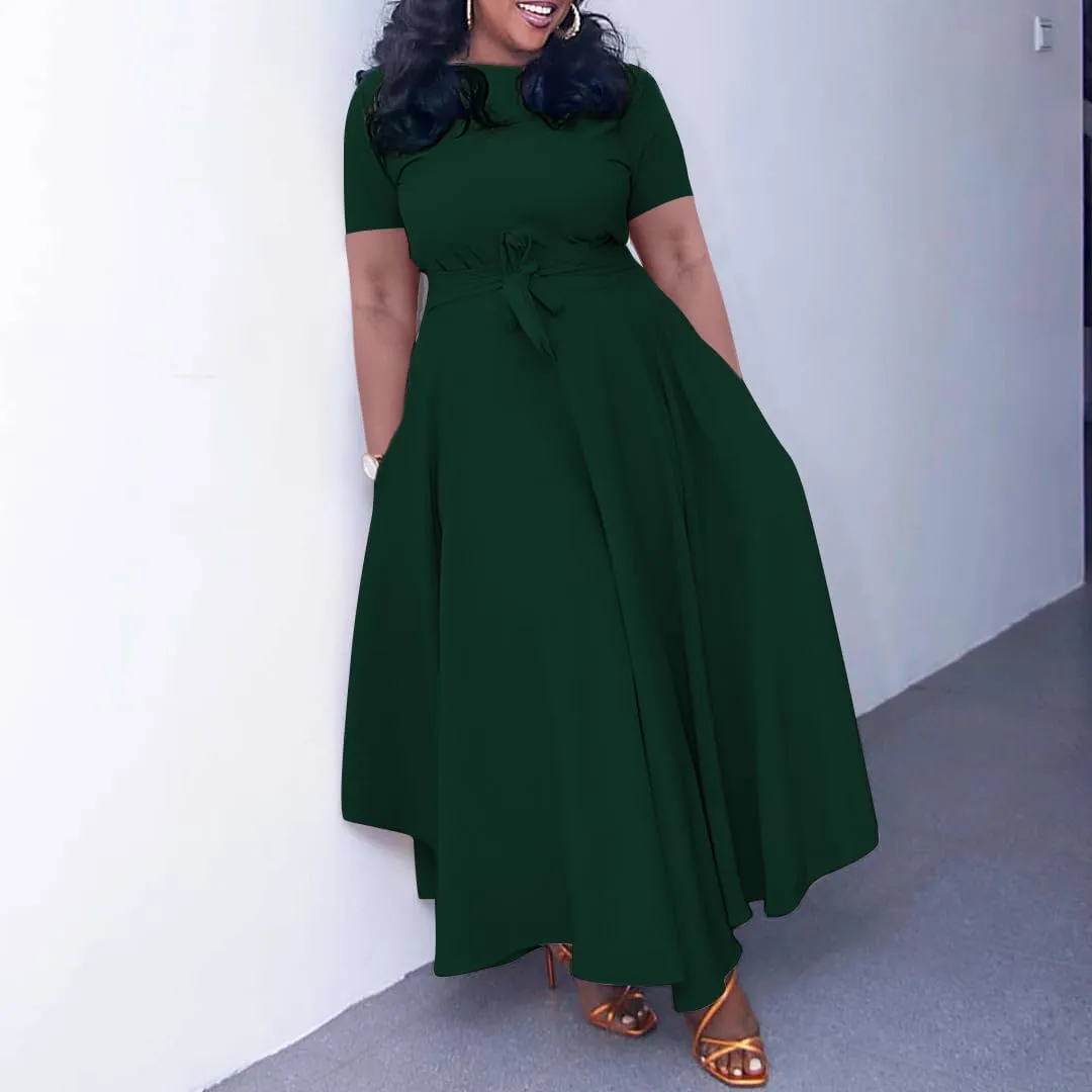 BFFBABY Plus Size Dress A Line Dresses for Women Summer Long Dresses with Sleeve Casual Belted