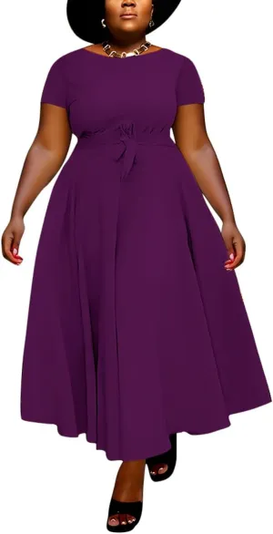 BFFBABY Plus Size Dress A Line Dresses for Women Summer Long Dresses with Sleeve Casual Belted