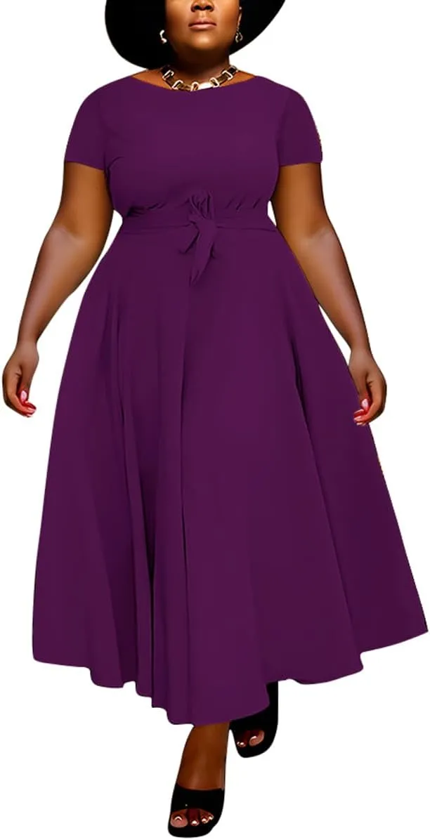 BFFBABY Plus Size Dress A Line Dresses for Women Summer Long Dresses with Sleeve Casual Belted