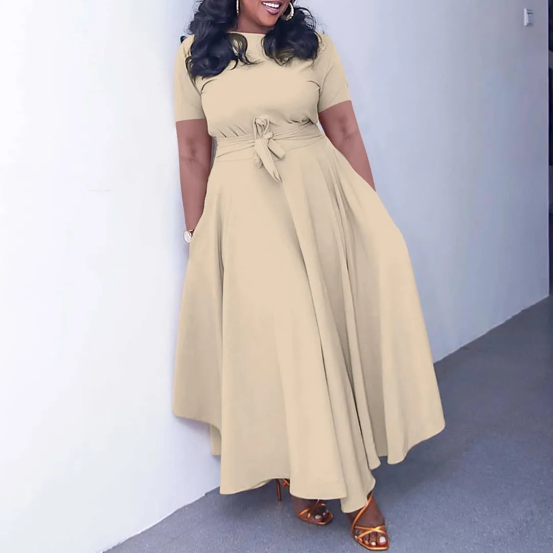 BFFBABY Plus Size Dress A Line Dresses for Women Summer Long Dresses with Sleeve Casual Belted