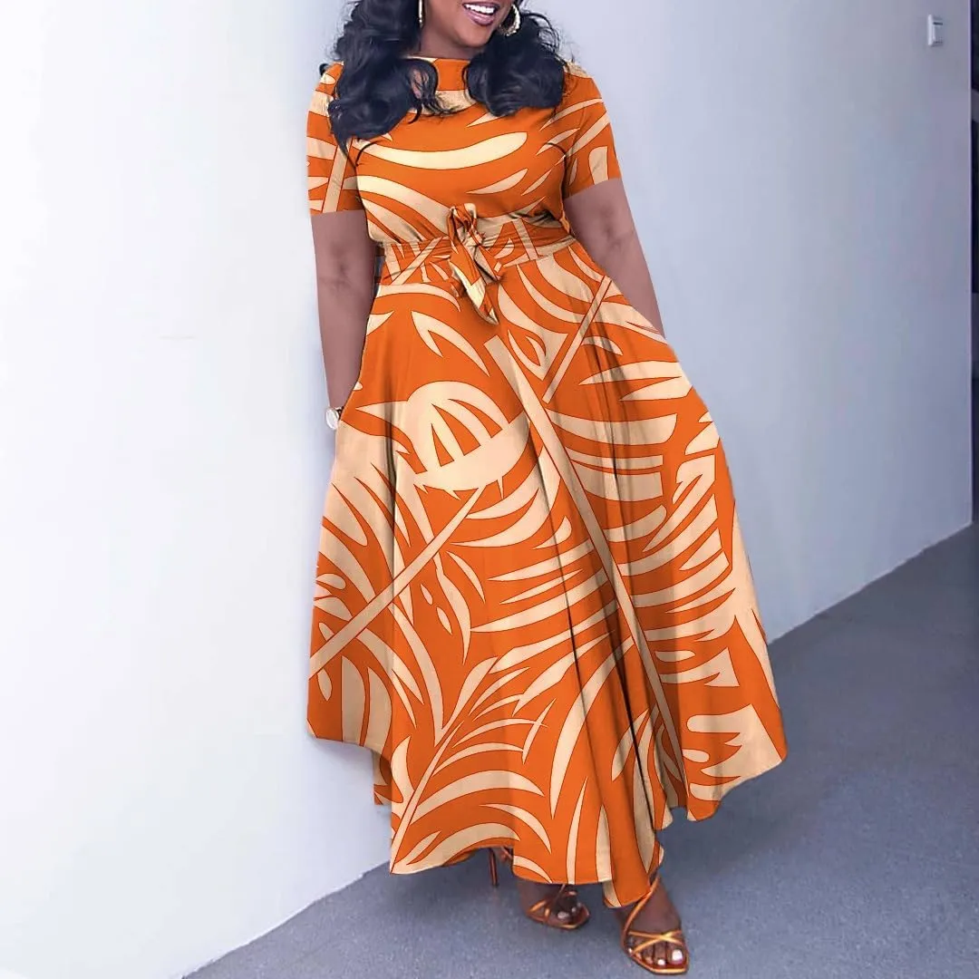 BFFBABY Plus Size Dress A Line Dresses for Women Summer Long Dresses with Sleeve Casual Belted