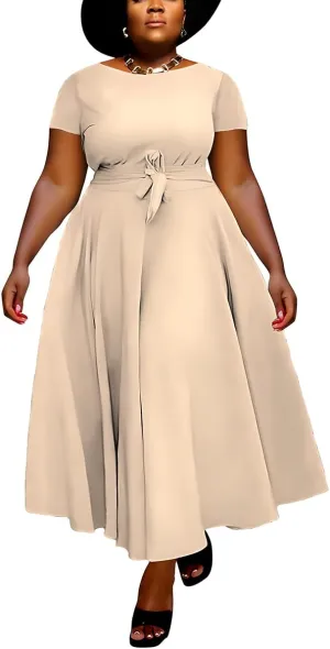 BFFBABY Plus Size Dress A Line Dresses for Women Summer Long Dresses with Sleeve Casual Belted