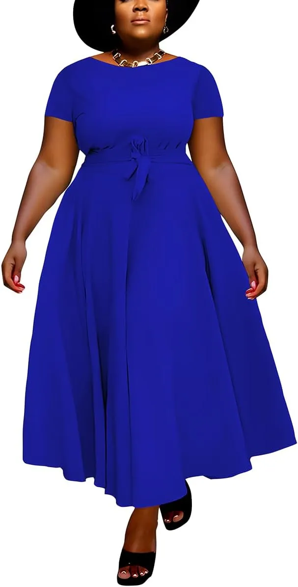 BFFBABY Plus Size Dress A Line Dresses for Women Summer Long Dresses with Sleeve Casual Belted
