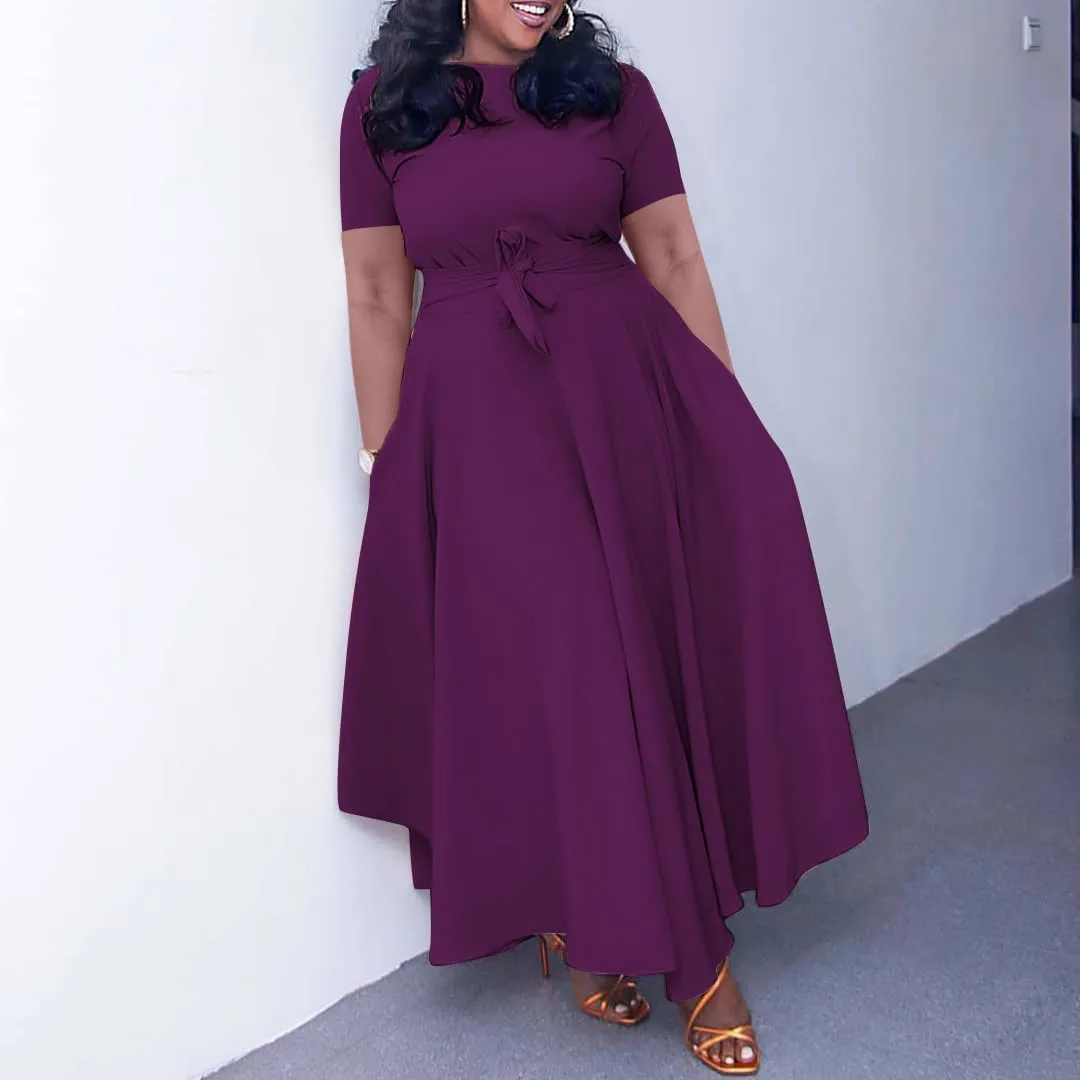 BFFBABY Plus Size Dress A Line Dresses for Women Summer Long Dresses with Sleeve Casual Belted