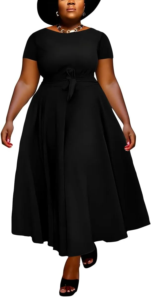 BFFBABY Plus Size Dress A Line Dresses for Women Summer Long Dresses with Sleeve Casual Belted