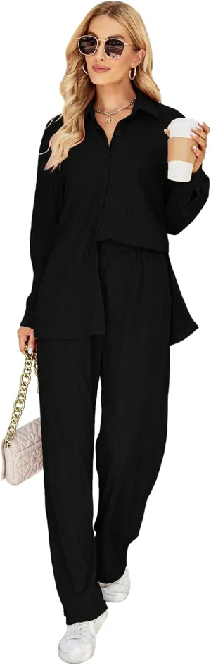BLUEMING Women Two Piece Casual Outfits Y2K Loungewear Pleated Wide Leg Pants Long Sleeve Button Down Shirt Streetwear Set Black 2XL