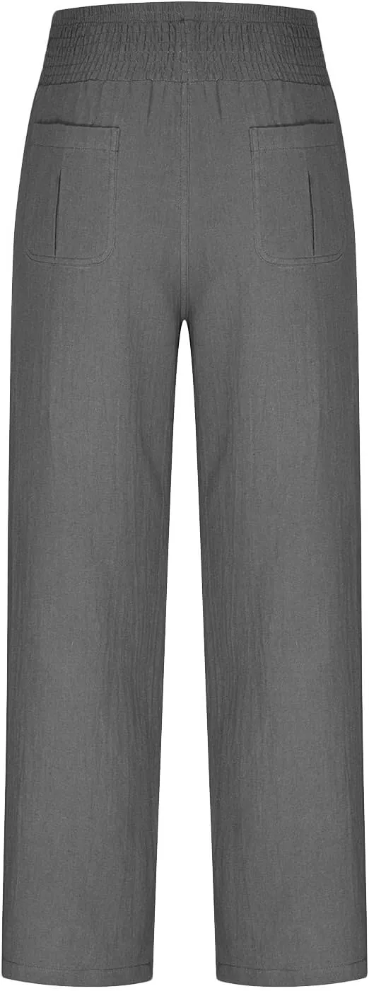 BTDECLAR Women‘s Linen Pants Elastic High Waist Trousers Lightweight Comfy Casual Loose Straight Leg Pants with Pockets