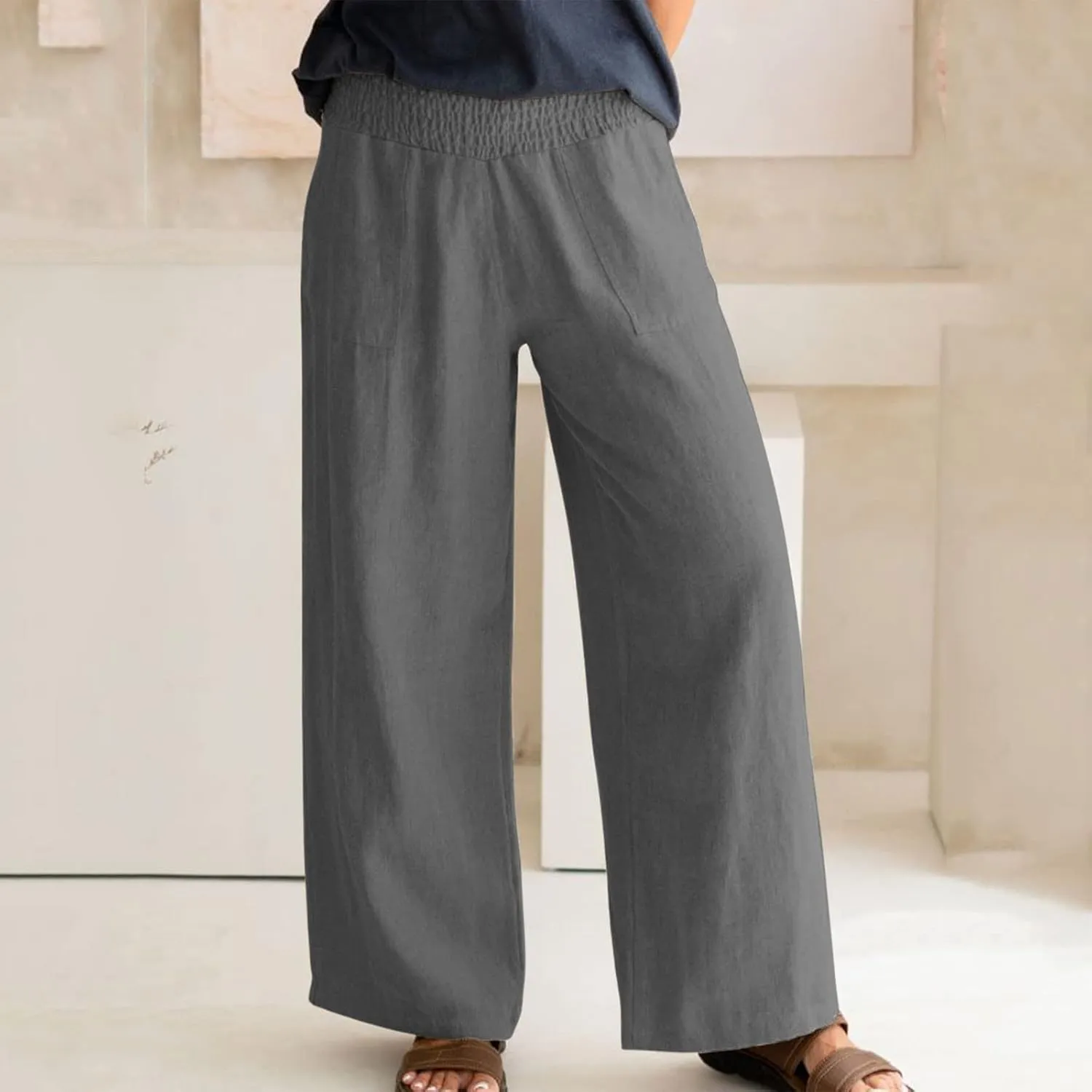 BTDECLAR Women‘s Linen Pants Elastic High Waist Trousers Lightweight Comfy Casual Loose Straight Leg Pants with Pockets