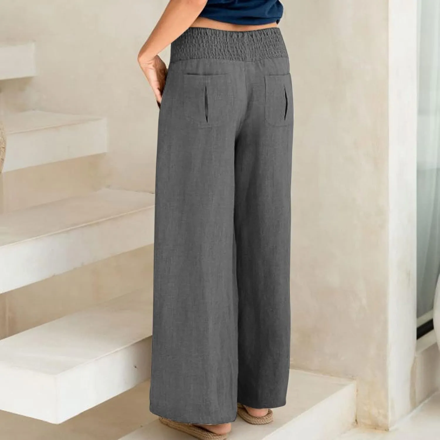 BTDECLAR Women‘s Linen Pants Elastic High Waist Trousers Lightweight Comfy Casual Loose Straight Leg Pants with Pockets