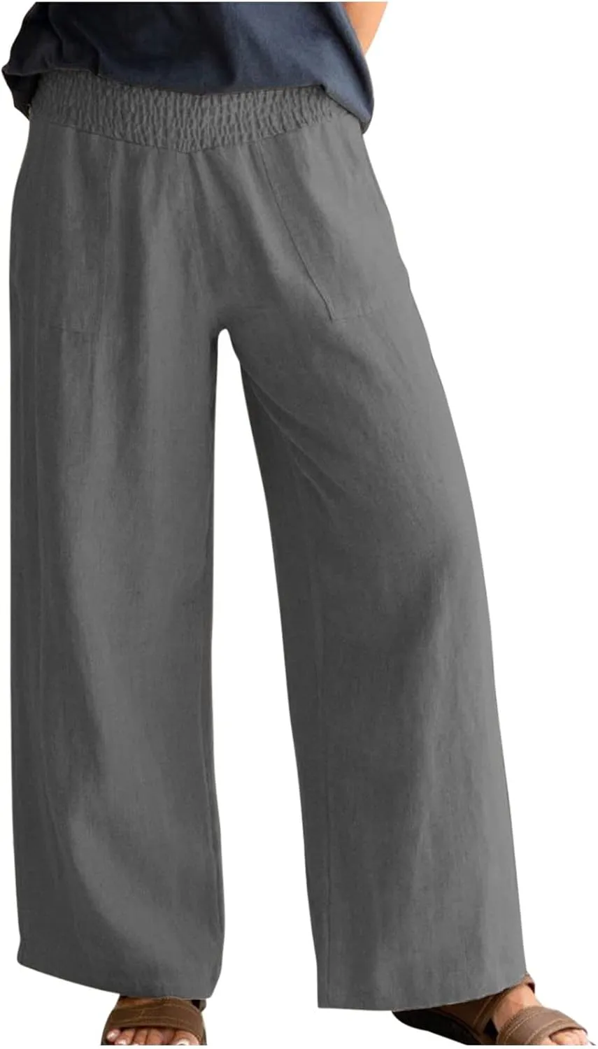 BTDECLAR Women‘s Linen Pants Elastic High Waist Trousers Lightweight Comfy Casual Loose Straight Leg Pants with Pockets