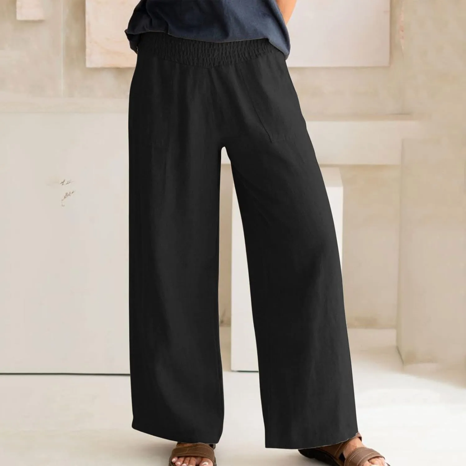 BTDECLAR Women‘s Linen Pants Elastic High Waist Trousers Lightweight Comfy Casual Loose Straight Leg Pants with Pockets