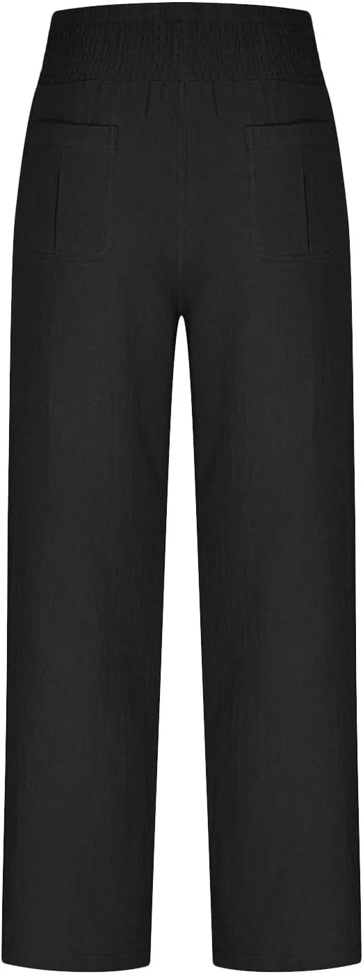 BTDECLAR Women‘s Linen Pants Elastic High Waist Trousers Lightweight Comfy Casual Loose Straight Leg Pants with Pockets