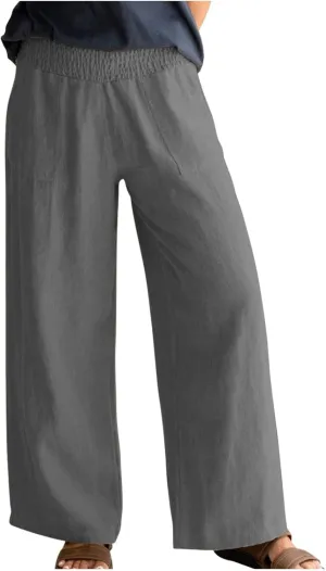 BTDECLAR Women‘s Linen Pants Elastic High Waist Trousers Lightweight Comfy Casual Loose Straight Leg Pants with Pockets
