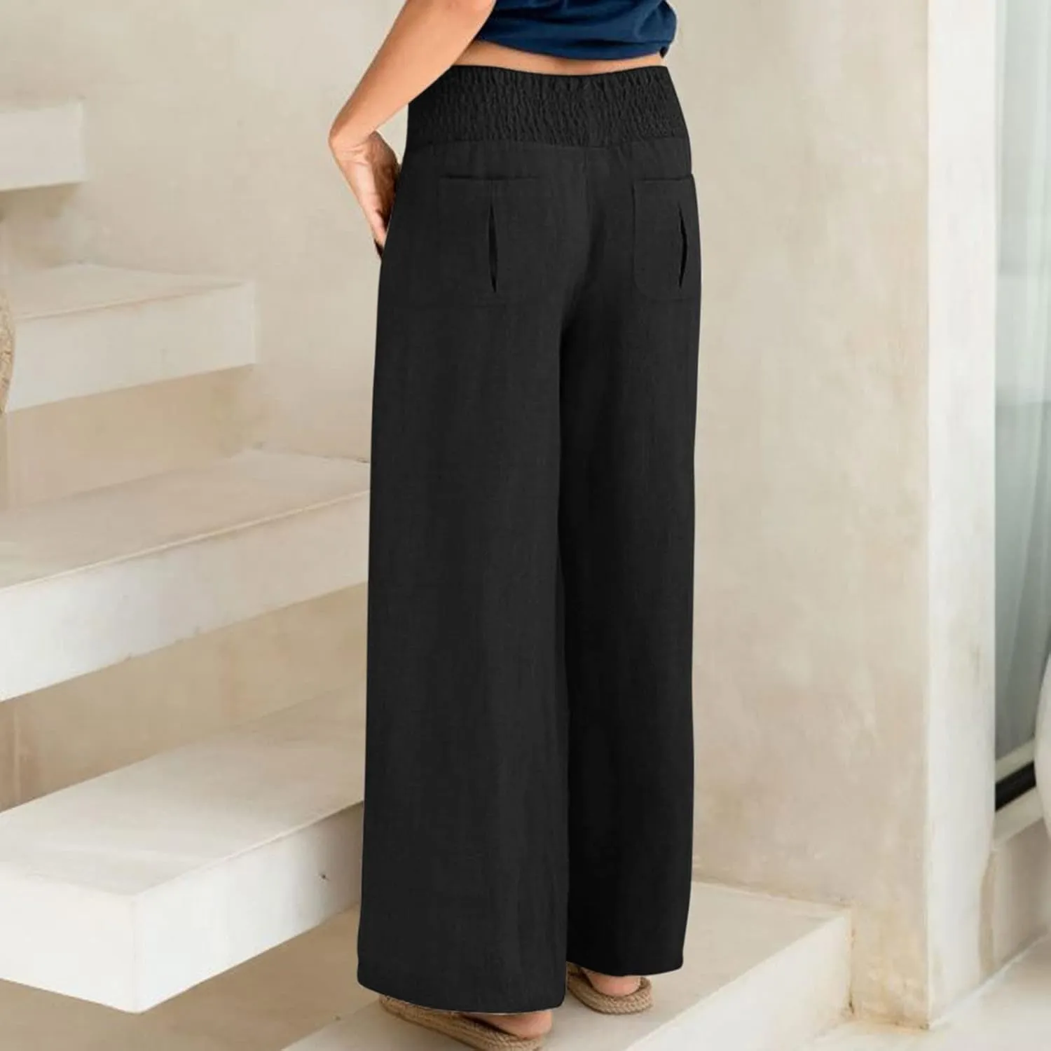 BTDECLAR Women‘s Linen Pants Elastic High Waist Trousers Lightweight Comfy Casual Loose Straight Leg Pants with Pockets