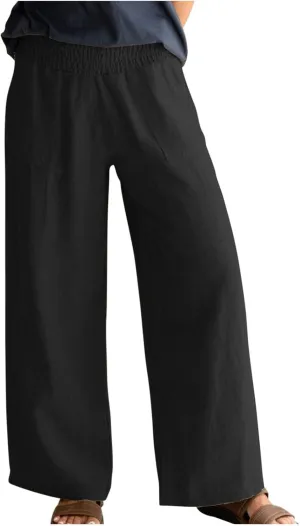 BTDECLAR Women‘s Linen Pants Elastic High Waist Trousers Lightweight Comfy Casual Loose Straight Leg Pants with Pockets
