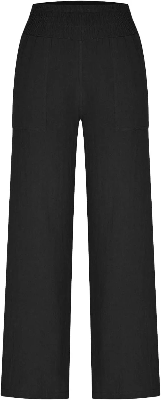 BTDECLAR Women‘s Linen Pants Elastic High Waist Trousers Lightweight Comfy Casual Loose Straight Leg Pants with Pockets