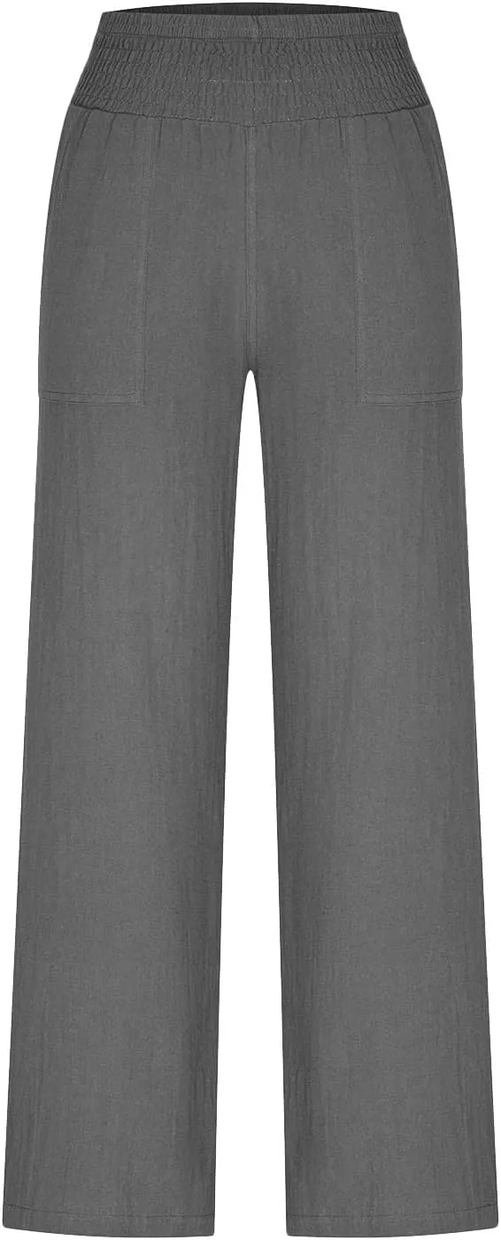 BTDECLAR Women‘s Linen Pants Elastic High Waist Trousers Lightweight Comfy Casual Loose Straight Leg Pants with Pockets