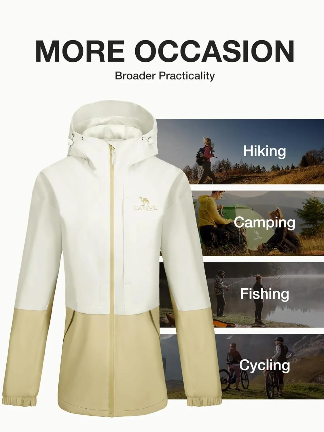 CAMEL Women's Waterproof Rain Jacket Lightweight Raincoat Hooded Softshell Windbreaker