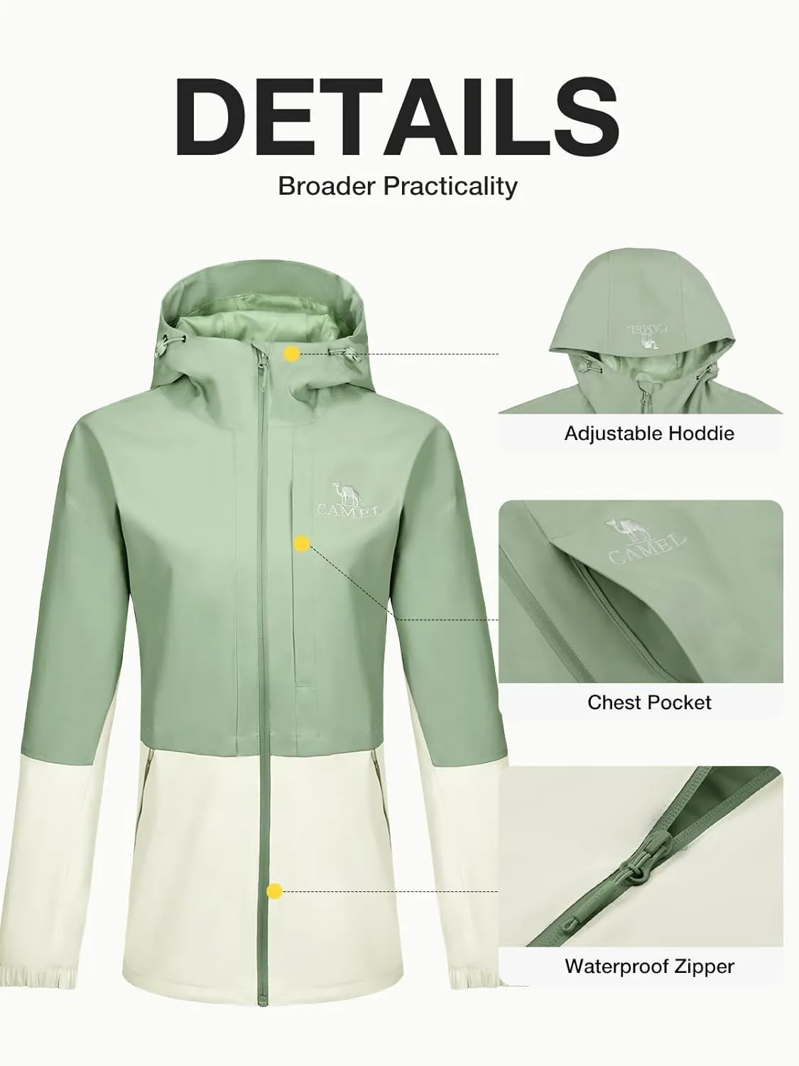 CAMEL Women's Waterproof Rain Jacket Lightweight Raincoat Hooded Softshell Windbreaker