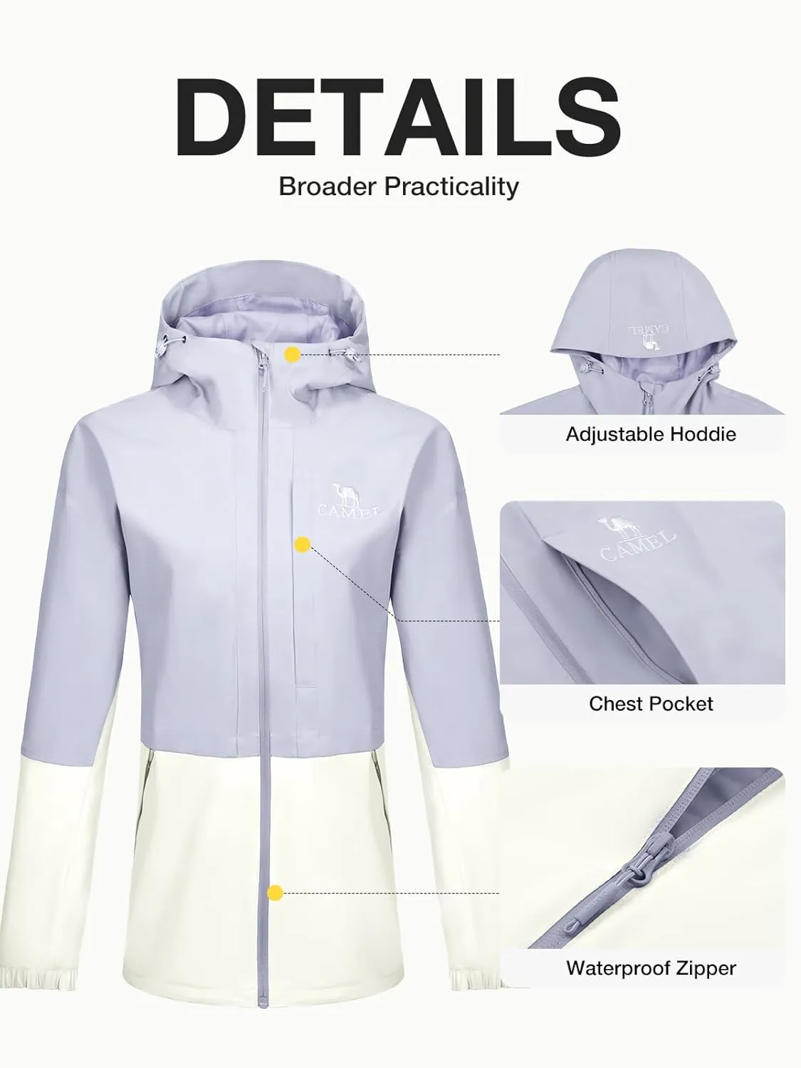 CAMEL Women's Waterproof Rain Jacket Lightweight Raincoat Hooded Softshell Windbreaker