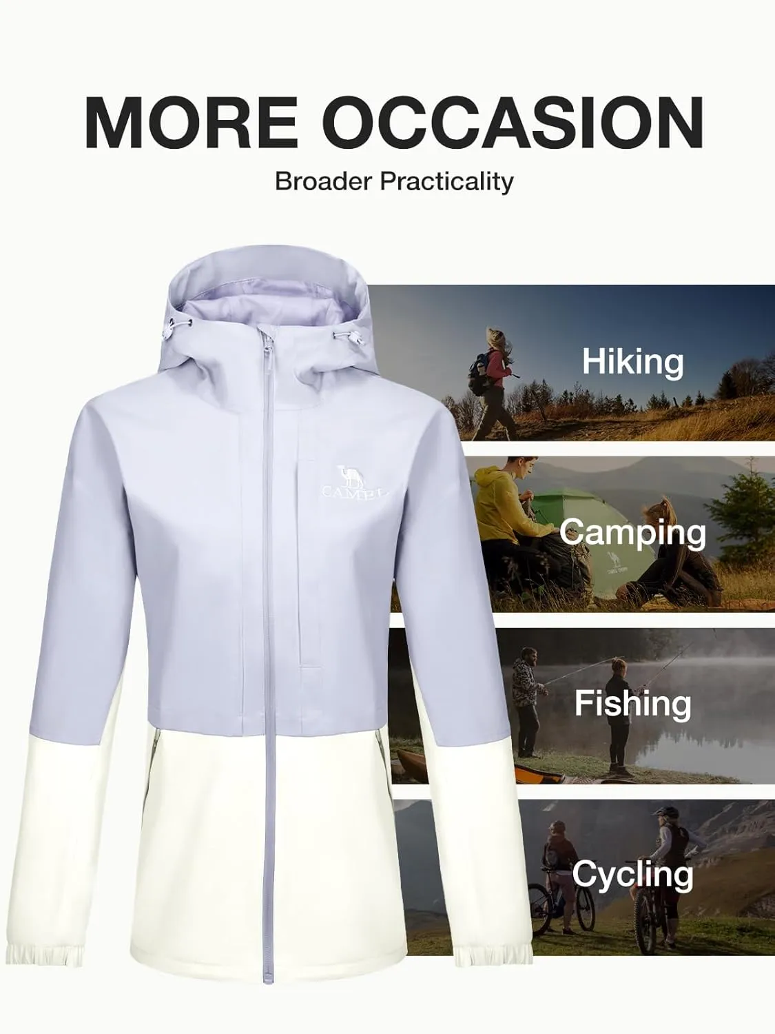 CAMEL Women's Waterproof Rain Jacket Lightweight Raincoat Hooded Softshell Windbreaker