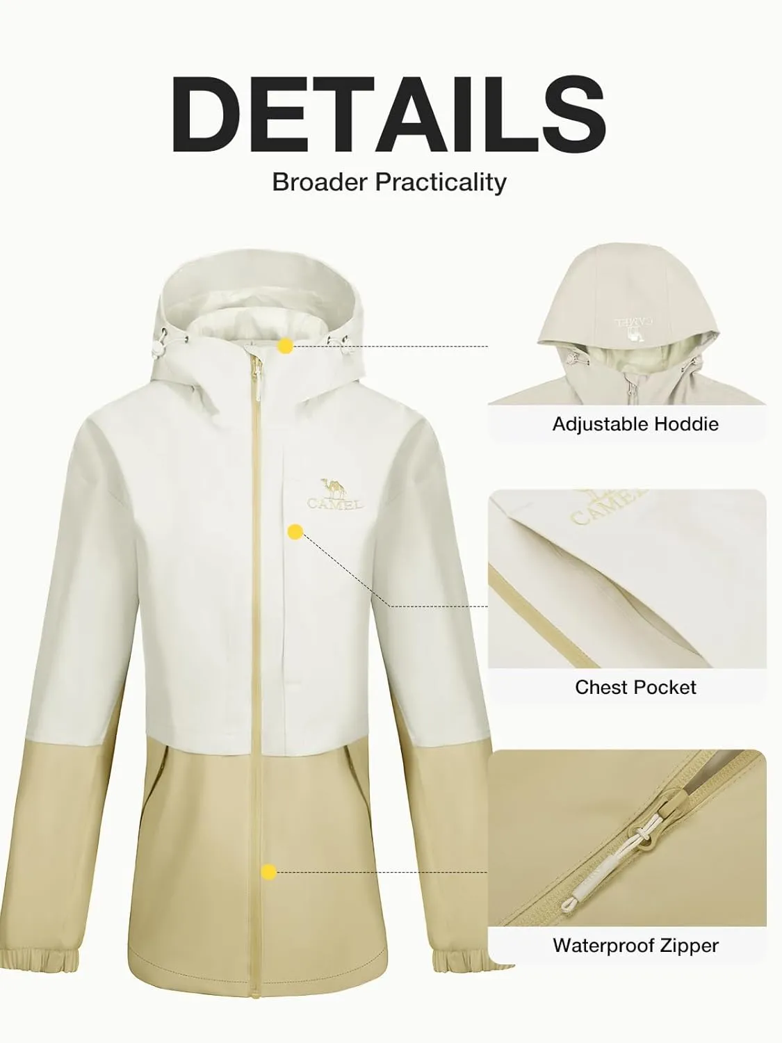 CAMEL Women's Waterproof Rain Jacket Lightweight Raincoat Hooded Softshell Windbreaker