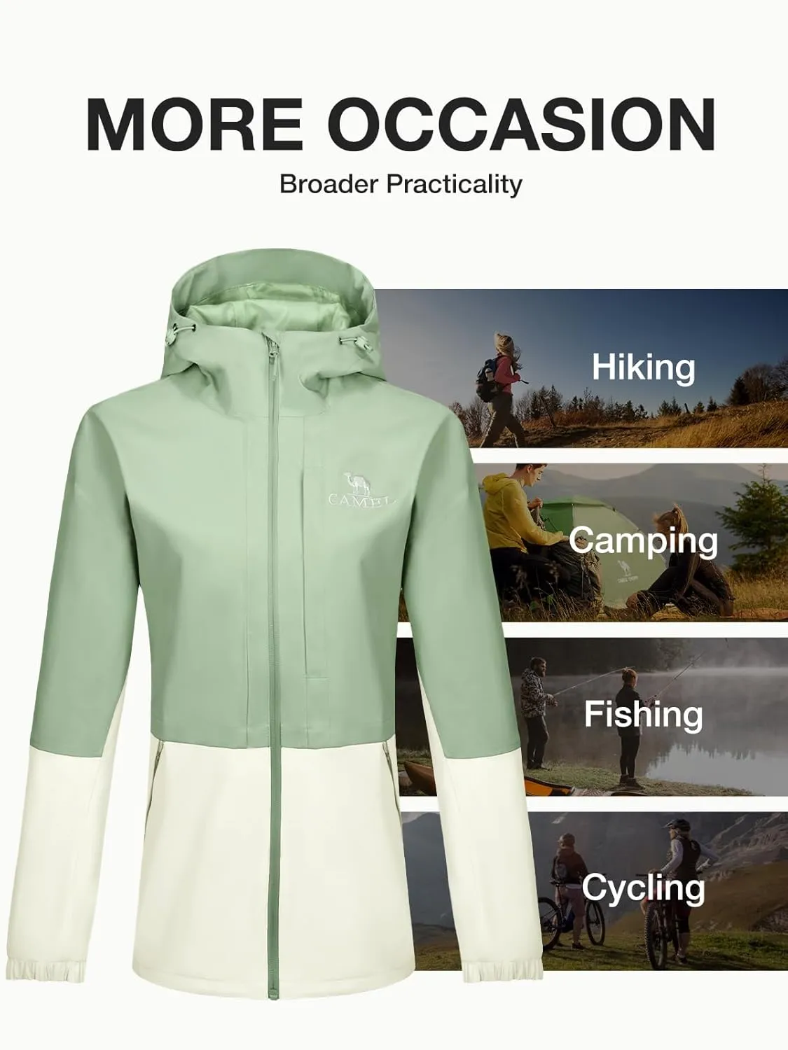 CAMEL Women's Waterproof Rain Jacket Lightweight Raincoat Hooded Softshell Windbreaker