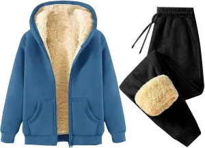 Canbebig 2 Piece Outfits Women Sherpa Fleece Lined Sweatsuits Zip Up Hoodie and Sweatpants Sets Matching Sets Warm Sets
