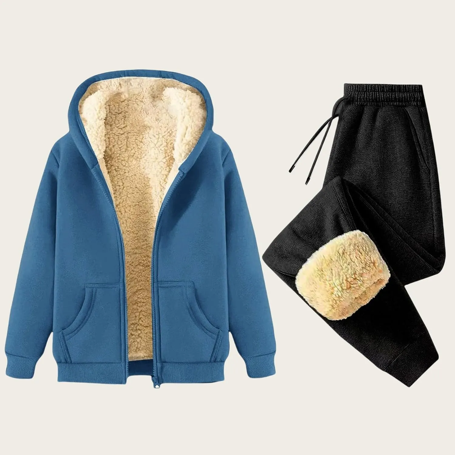 Canbebig 2 Piece Outfits Women Sherpa Fleece Lined Sweatsuits Zip Up Hoodie and Sweatpants Sets Matching Sets Warm Sets