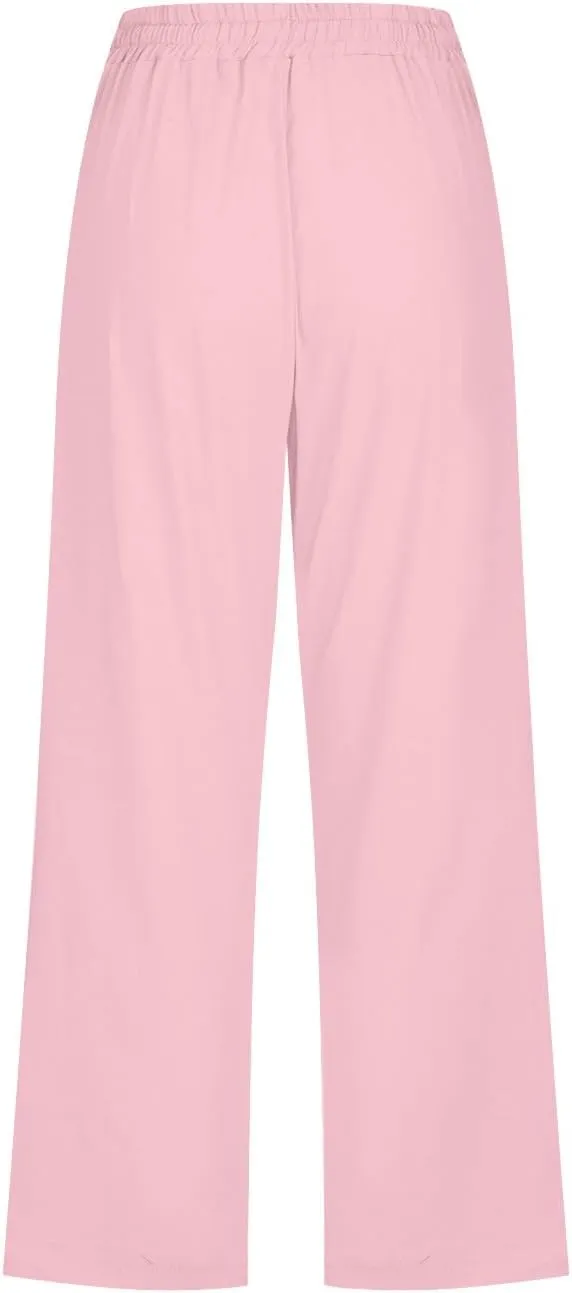 Capri Pants for Women Casual Summer Cotton Linen Cropped Pants Elastic Waist Drawstring Loose Capri Slacks with Pockets