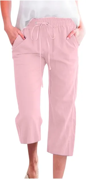 Capri Pants for Women Casual Summer Cotton Linen Cropped Pants Elastic Waist Drawstring Loose Capri Slacks with Pockets
