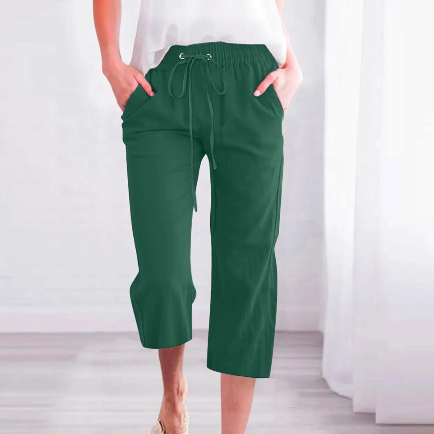Capri Pants for Women Casual Summer Cotton Linen Cropped Pants Elastic Waist Drawstring Loose Capri Slacks with Pockets