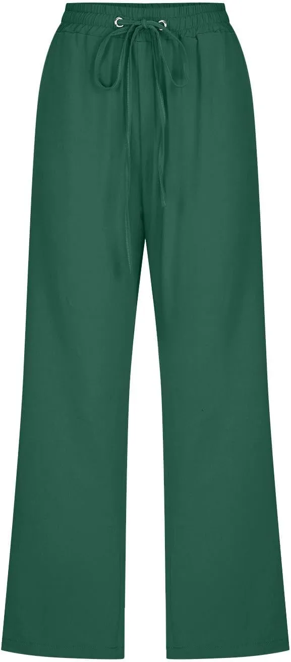 Capri Pants for Women Casual Summer Cotton Linen Cropped Pants Elastic Waist Drawstring Loose Capri Slacks with Pockets
