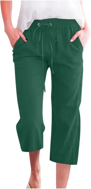 Capri Pants for Women Casual Summer Cotton Linen Cropped Pants Elastic Waist Drawstring Loose Capri Slacks with Pockets