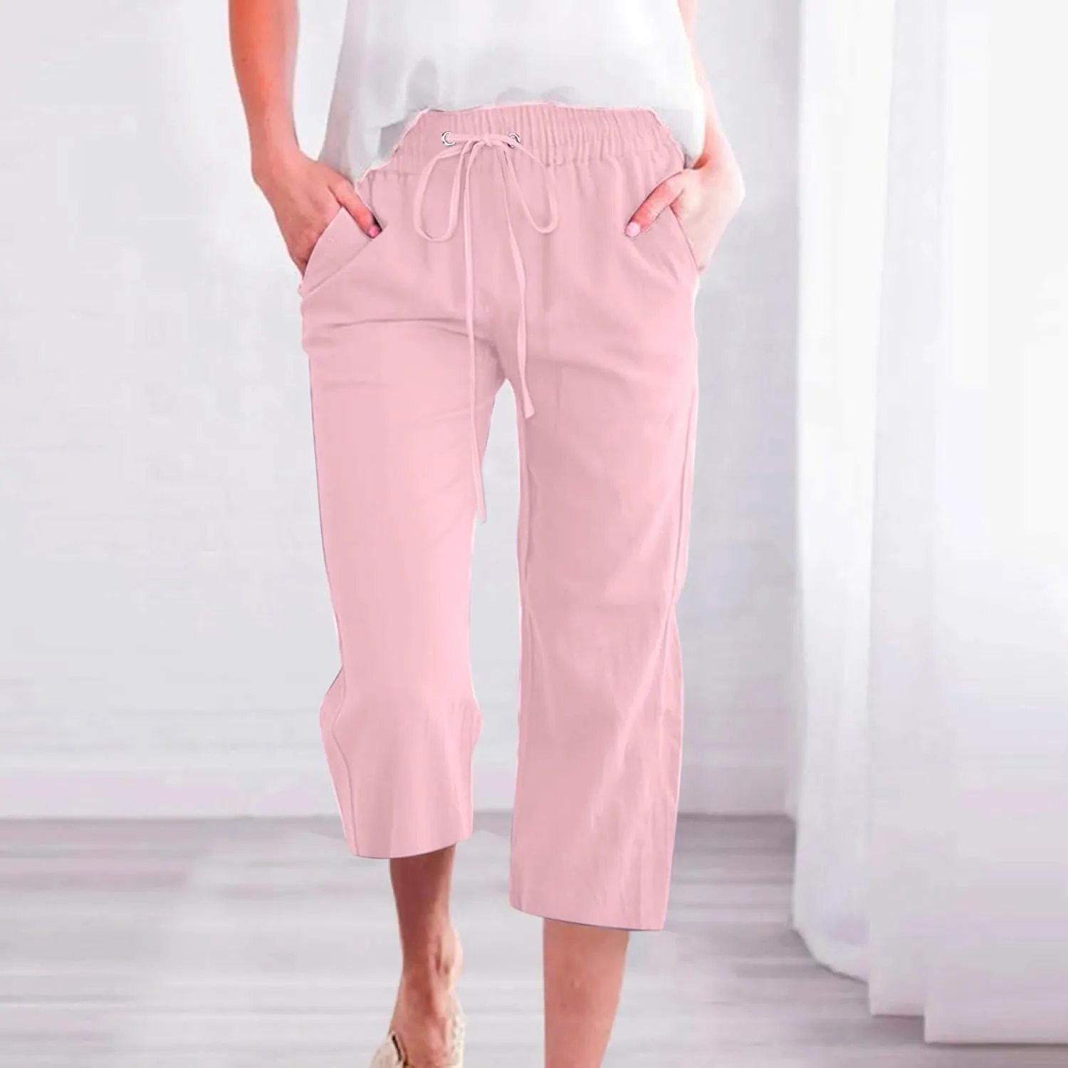 Capri Pants for Women Casual Summer Cotton Linen Cropped Pants Elastic Waist Drawstring Loose Capri Slacks with Pockets