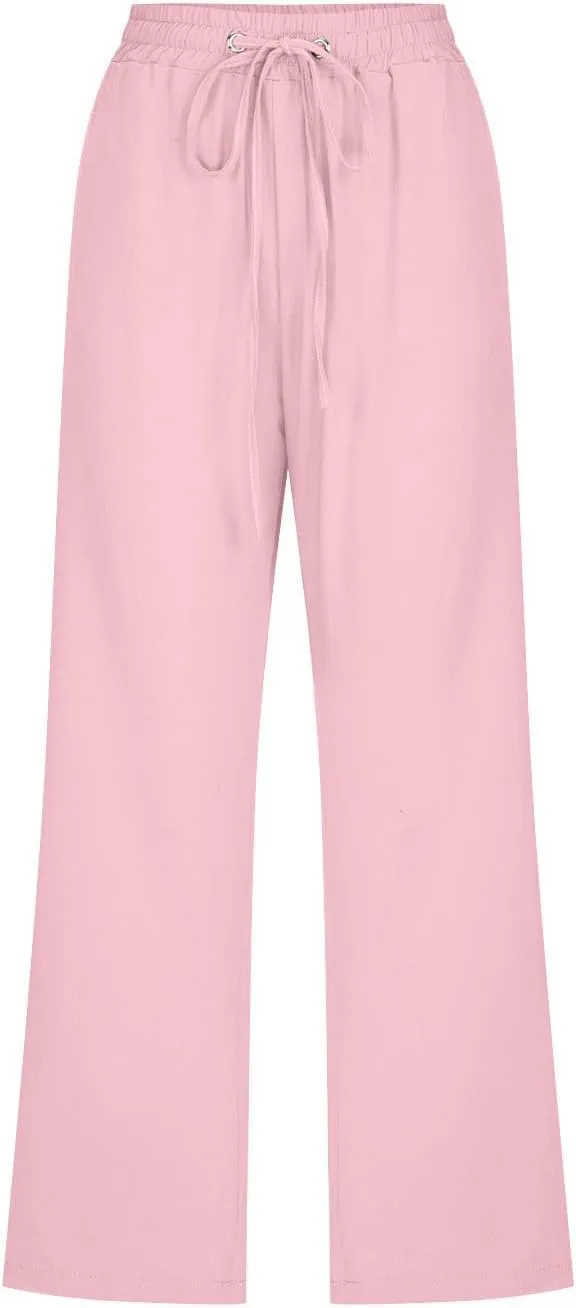 Capri Pants for Women Casual Summer Cotton Linen Cropped Pants Elastic Waist Drawstring Loose Capri Slacks with Pockets