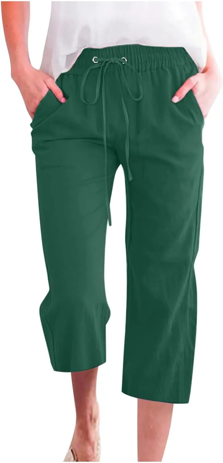 Capri Pants for Women Casual Summer Cotton Linen Cropped Pants Elastic Waist Drawstring Loose Capri Slacks with Pockets