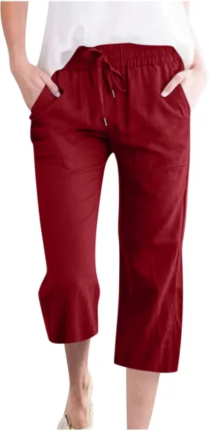 Capri Pants for Women Casual Summer Cotton Linen Pant Beach Trendy Straight Leg Cropped Trouser