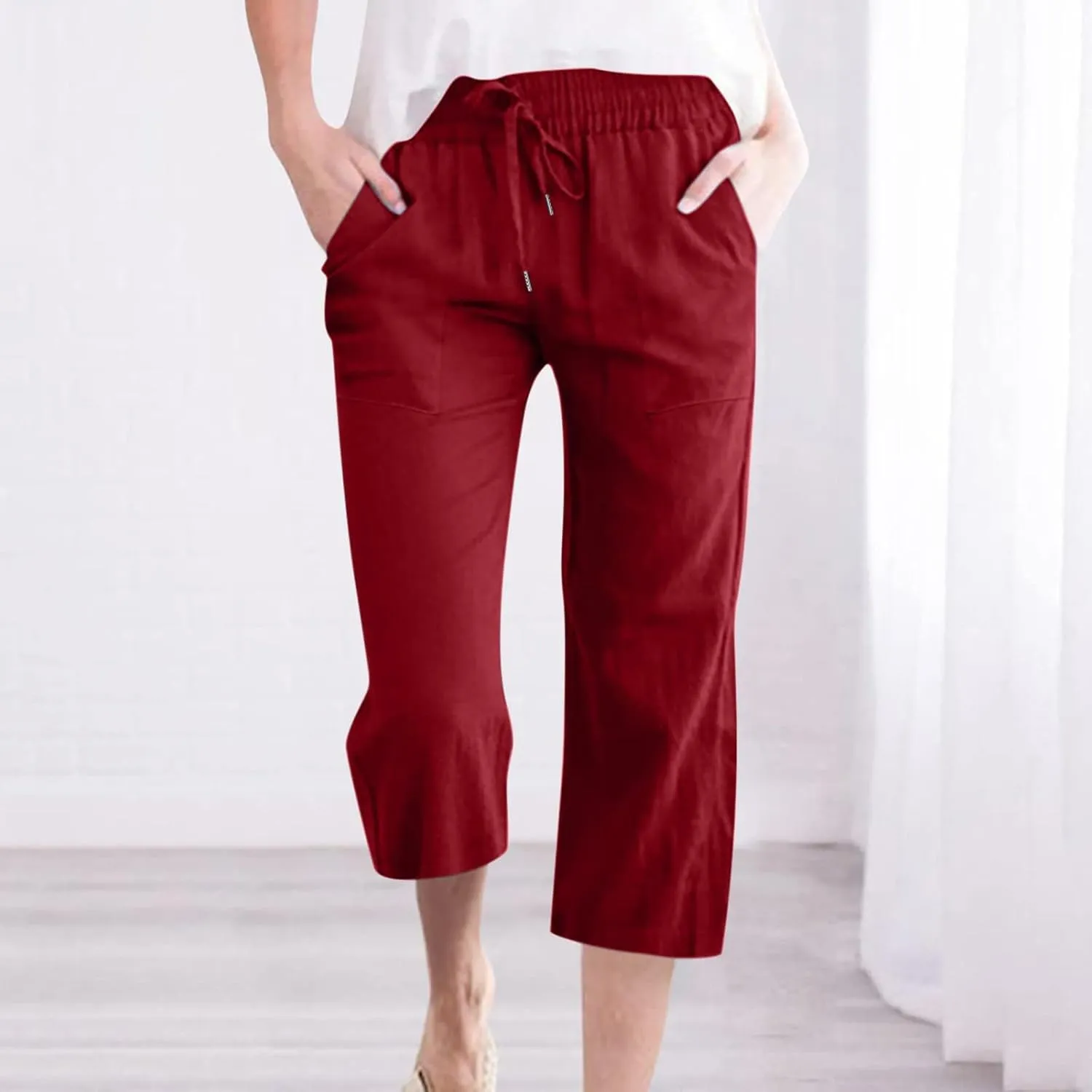 Capri Pants for Women Casual Summer Cotton Linen Pant Beach Trendy Straight Leg Cropped Trouser