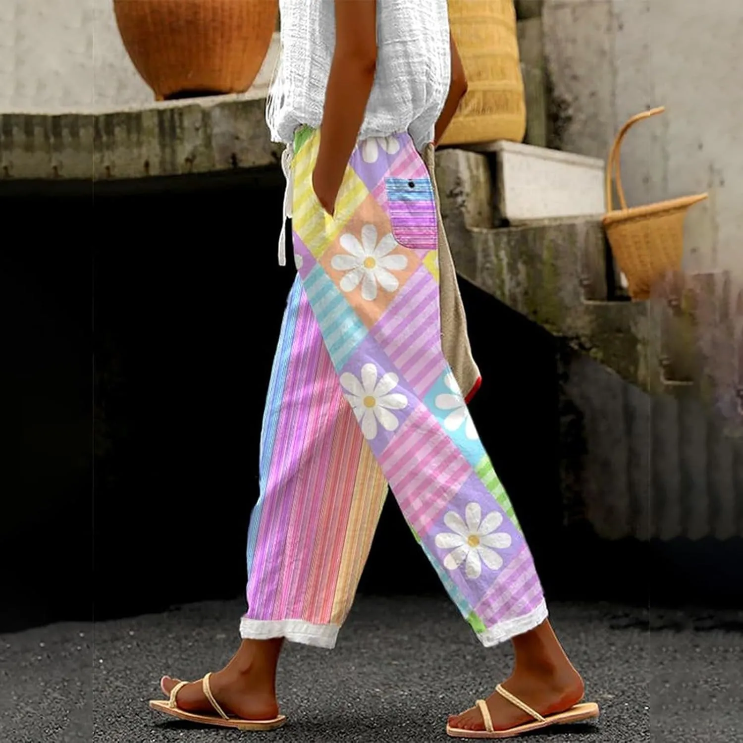Capri Pants for Women,Striped Pant Linen Capris for Women Summer Wide Leg Loose Drawstring Elastic Waist Trouser