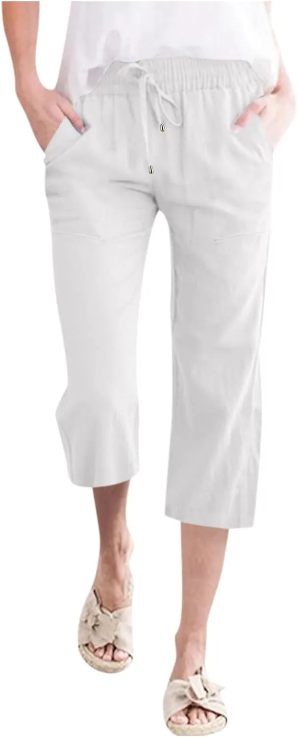 Capris Pants for Women Casual Summer 2025 Cotton Linen Palazzo Drawstring High Waist Wide Leg Cropped Trouser