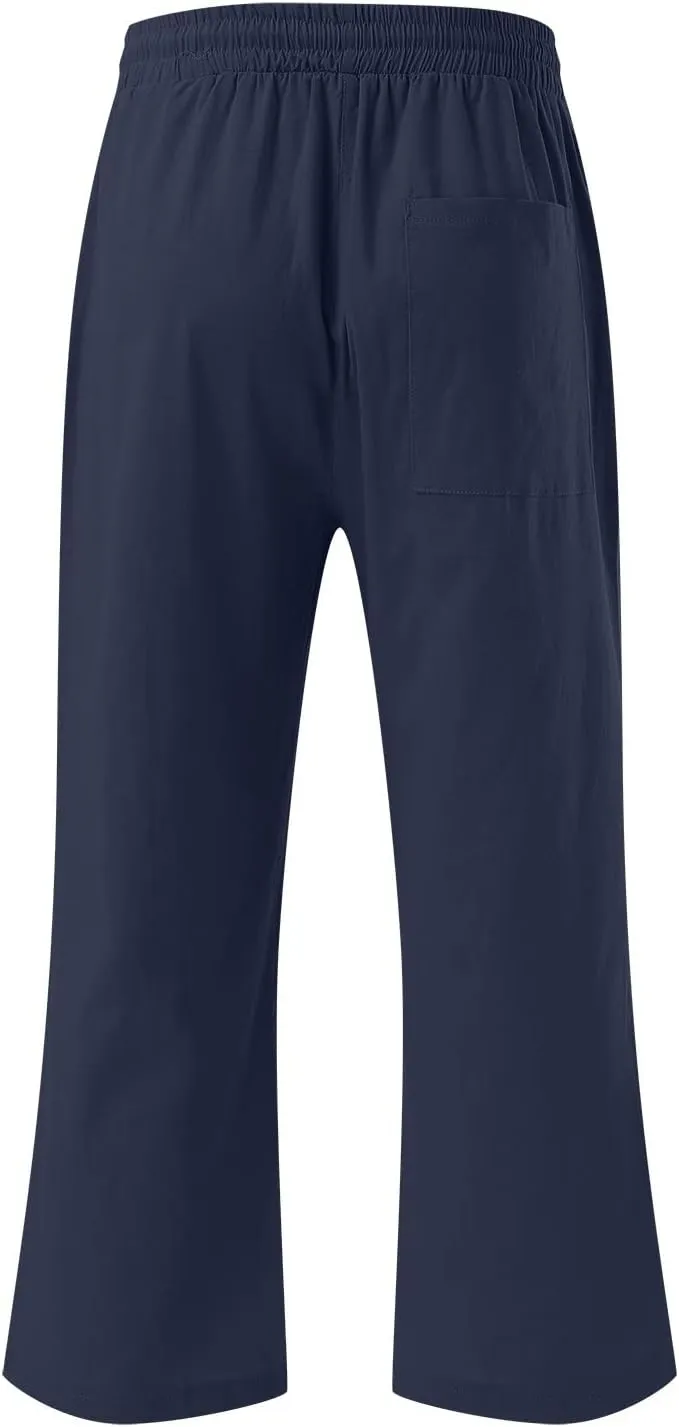Capris Pants for Women Casual Summer 2025 Cotton Linen Palazzo Drawstring High Waist Wide Leg Cropped Trouser