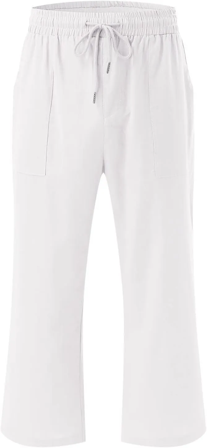 Capris Pants for Women Casual Summer 2025 Cotton Linen Palazzo Drawstring High Waist Wide Leg Cropped Trouser