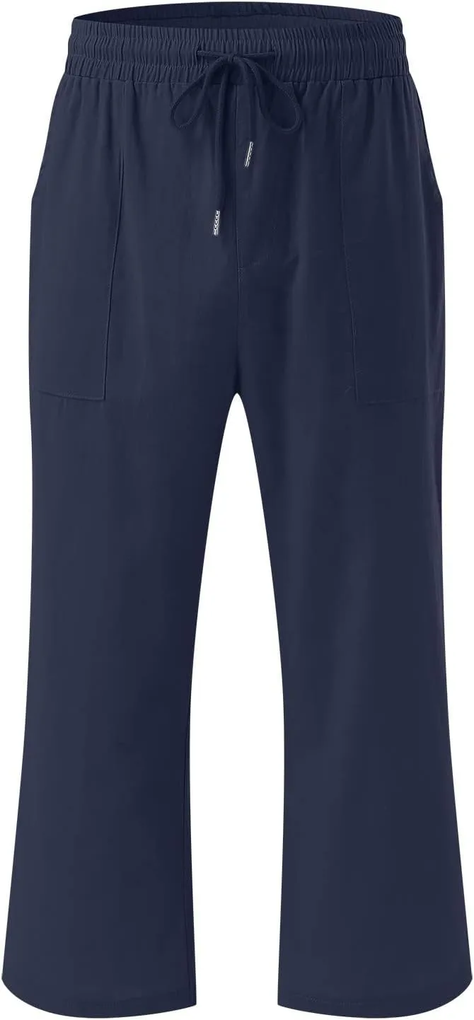 Capris Pants for Women Casual Summer 2025 Cotton Linen Palazzo Drawstring High Waist Wide Leg Cropped Trouser